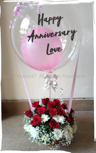 Air filled balloons - Personalised - Happy Anniversary Pink, White and Red Balloon Bouquet with printed text C-BFST