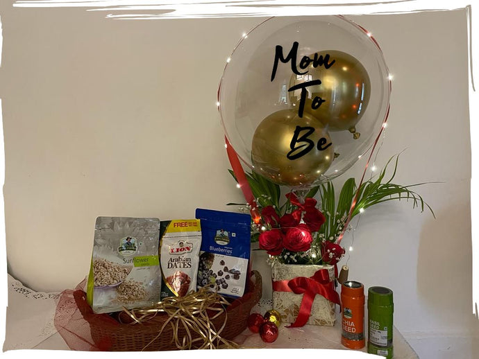 Balloon Gift Hamper - Mom to Be - Healthy Seeds and Dates - Personalised Text on Balloon Bouquet C-BFST