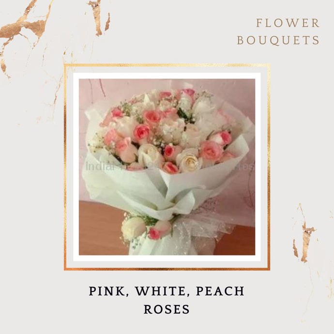 Flower bouquet in 50 Pink white and peach roses white wrapping I-FBO
