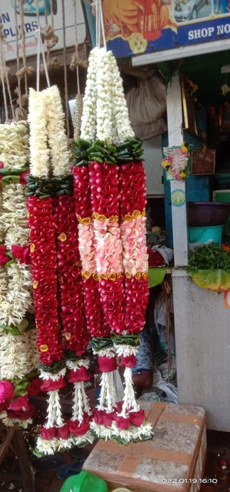 2 Fresh flower Garlands for Bride & Groom OR Pooja with red and white flowers and beads hanging at bottom I-GWFA