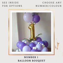 Load image into Gallery viewer, 1st Birthday Balloon or Anniversary Balloons - Customise Number balloon Bouquet - purple and gold
