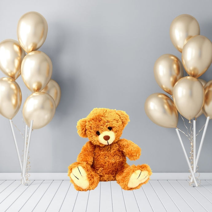 Balloon Bouquet of 2 Gold Chrome Air-Filled Balloons on Sticks with 12 inches Teddy C-TBB