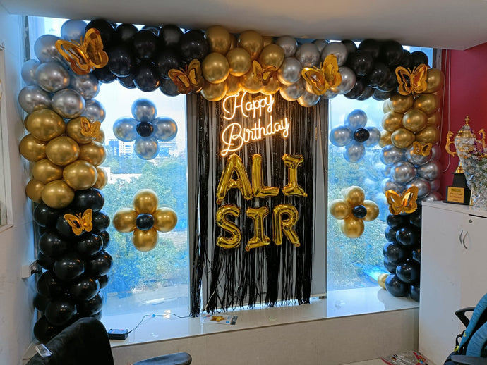 Birthday Wall balloon decoration - Black Gold and Silver