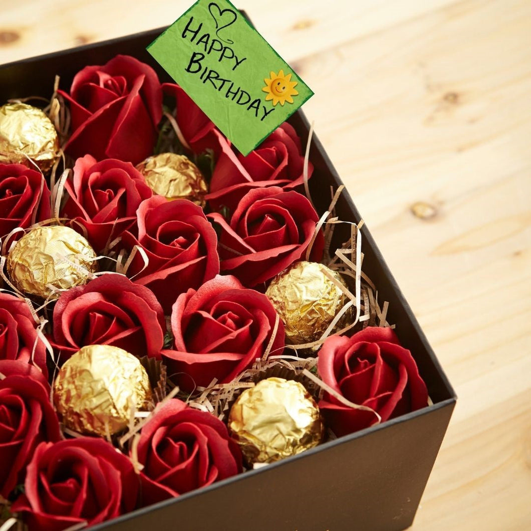 Chocolate Flower Bouquet in a Box: Ferrero rocher chocolates and roses arranged in a box for Birthday Anniversary C-FCB