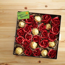 Load image into Gallery viewer, Chocolate Flower Bouquet in a Box: Ferrero rocher chocolates and roses arranged in a box for Birthday Anniversary C-FCB
