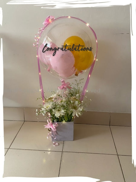 Congratulations balloon bouquet Pink and Gold with white flowers, lights and printed text C-BFST