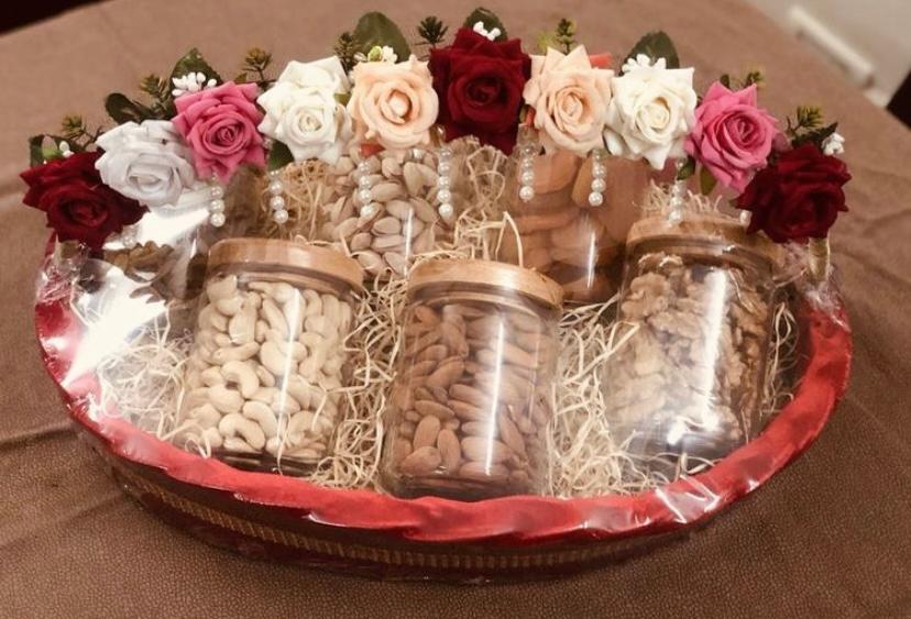 Dry Fruits in Glass Jars and Flowers - Same Day Delivery Gift Hamper - Corporate Gifting - Personal Gifting in India - Send Gifts to India C-GBF