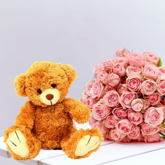 Flowers and Teddy - Teddy bear and pink roses bouquet - Doorstep delivery