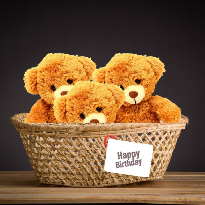 Flowers and Teddy: Three 6 inch teddies in a basket and Roses C-TF