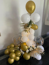 Load image into Gallery viewer, Gold and White Balloon Bouquet with Gold Confetti balloons for Birthday or Anniversary - Print any text C-BFST
