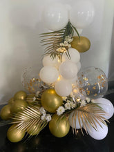 Load image into Gallery viewer, Gold and White Balloon Bouquet with Gold Confetti balloons for Birthday or Anniversary - Print any text C-BFST
