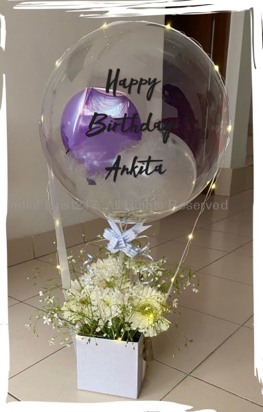 Happy Birthday Purple, Silver & White Balloon Bouquet with printed text and lights C-BFST