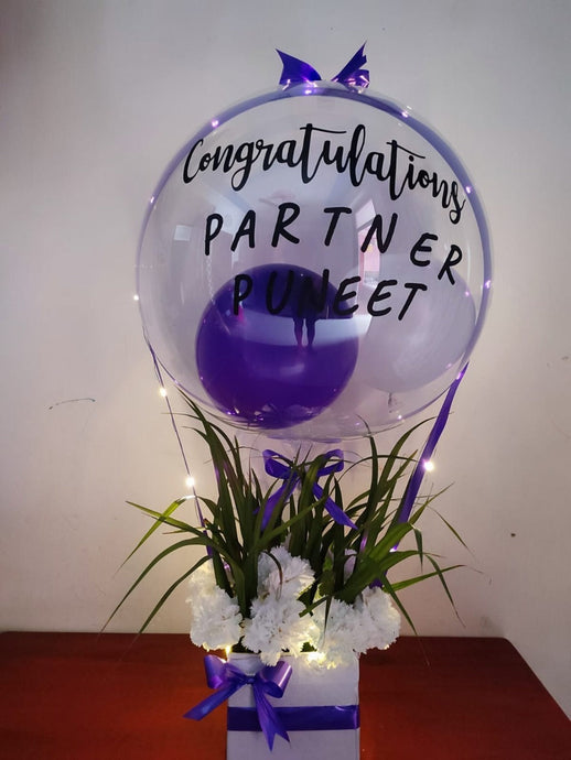 Happy birthday/Anniversary/Congratulations balloons customised- Purple and White - with lights and printed text