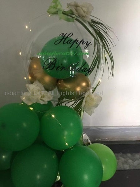 Happy birthday print text clear balloon -small Gold and green balloons--Balloon gift Hamper C-BFST