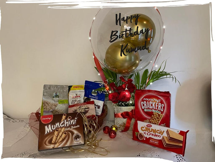 Heathy foods Gift Hamper - Happy Birthday - Chocolates and Cookies - Personalised Text on Balloon Bouquet C-BFST