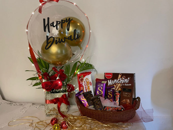 Buy Send to India Gift Hampers - Happy Diwali - Chocolates and Cookies - Personalised Text on Balloon Bouquet C-BFST