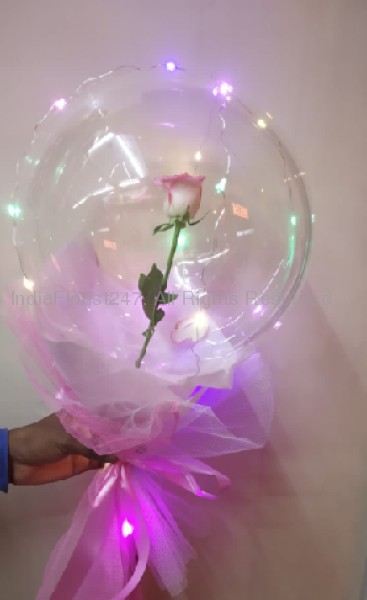 One pink rose and pink petals in a balloon and led light happy anniversary rose gold bubble balloon C-BFST