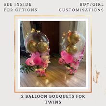 Load image into Gallery viewer, Online Gifts for Twins - New Born - Blue or Pink - Print any Text - 2 Personalised Balloon Bouquets C-BFST
