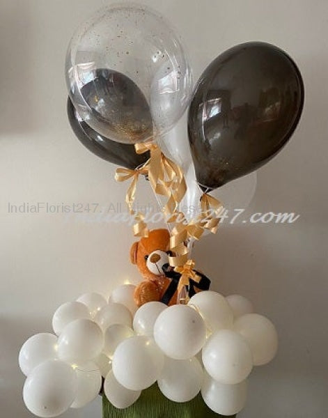 Order birthday balloons 12 inches Teddy Bear with White cluster or bundle birthday Balloons-Balloon Hamper (Boy/Girl) C-TBB