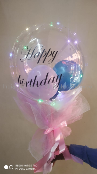 Pink and Blue Balloons inside a transparent Printed text happy Birthday balloon with Led Lights I-AFBO