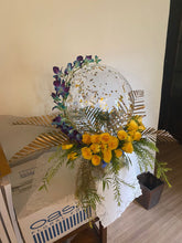 Load image into Gallery viewer, Print Any text and customise clear birthday balloon with orchid trailing on the balloon perched on top of yellow roses with Gold colour leaves C-BFST
