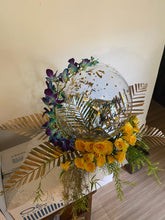 Load image into Gallery viewer, Print Any text and customise clear birthday balloon with orchid trailing on the balloon perched on top of yellow roses with Gold colour leaves C-BFST
