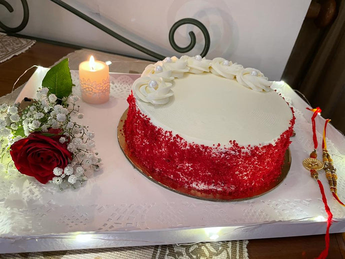 Rakhi, Flowers, Chocolates & Cake Combo - Red Velvet Cake - Same Day Indiaflorist247