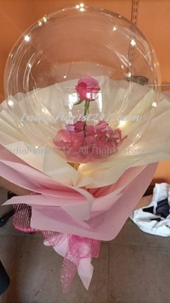 Single Pink rose Inside a transparent balloons with Led Lights and pink and white wrapping for birthday and anniversary C-BFST