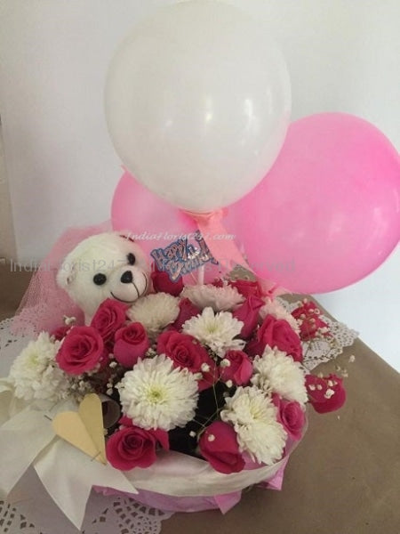 Teddy 6 inches and Balloons for Baby girl shower Or Birthday gifts online Same Day Delivery C-TBFST