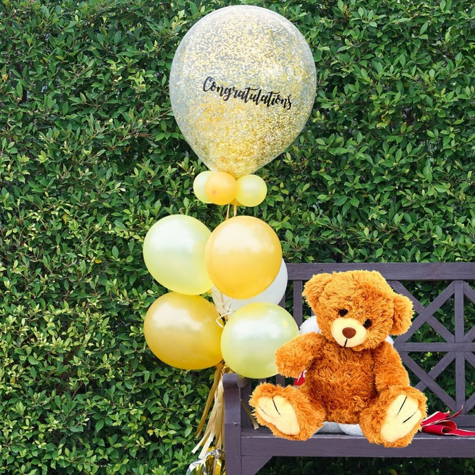 Teddy and Balloons - Teddy 12 inches and air filled Balloons on Sticks- Congratulations, Happy Birthday, Happy Anniversary - fully customisable C-TBB