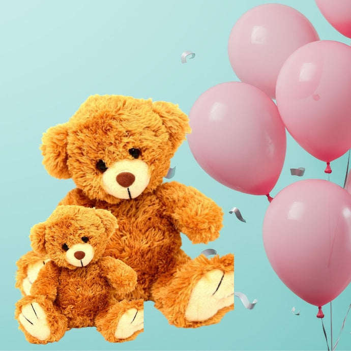 Teddy and Balloons: 2 ft Teddy with 6 inches teddy and 6 air-filled balloons on sticks C-TBB