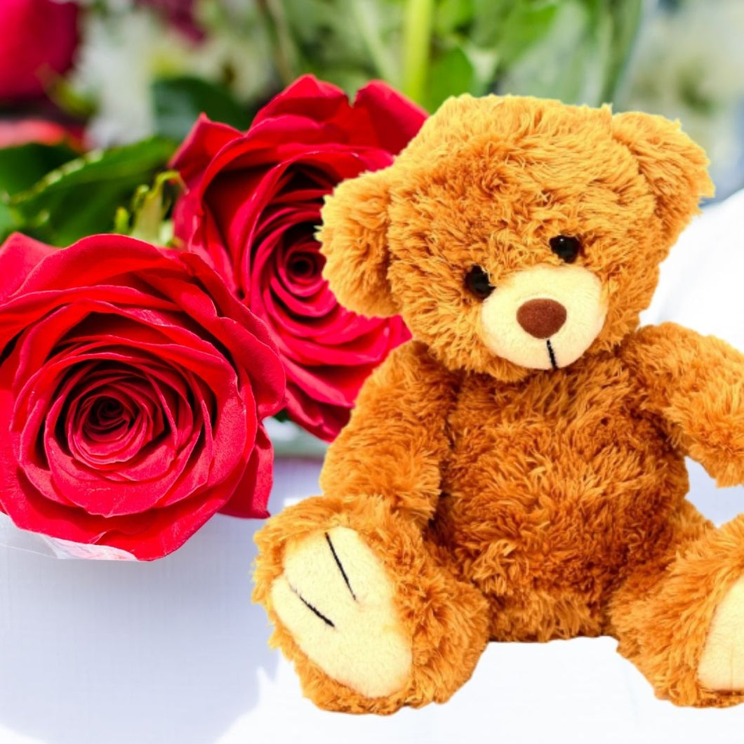 Teddy and Flower Bouquet - 6 inch teddy and 2 Roses C-TF