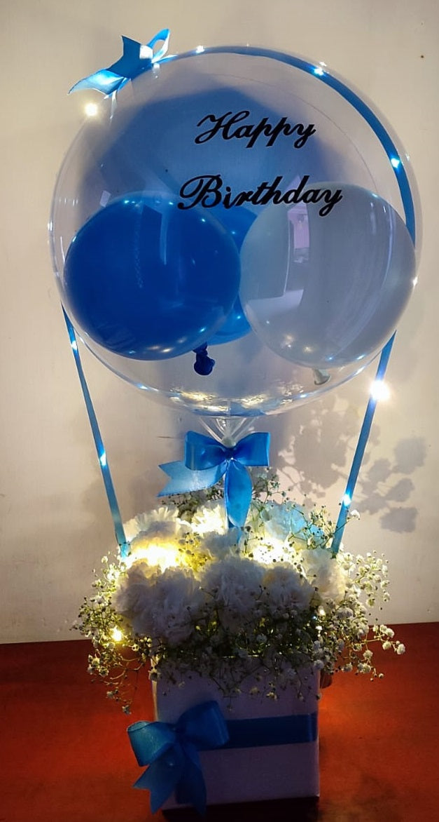 Happy birthday/Anniversary balloons customised- Blue and White - with lights and printed text C-BFST