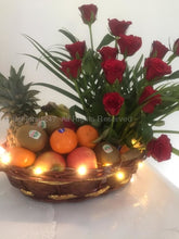 Load image into Gallery viewer, Fresh Fruits to India with led lights and flowers hamper best healthy birthday gift online I-GWFA
