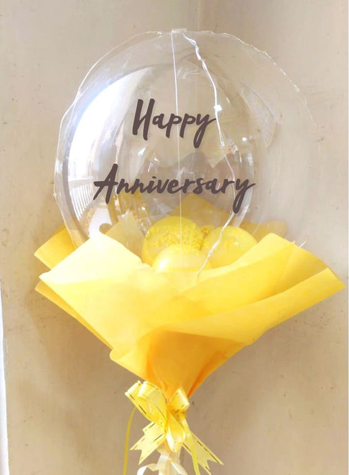 Anniversary balloon theme with inflated white and yellow balloons with flowers fairy string LED lights battery powered I-AFBO